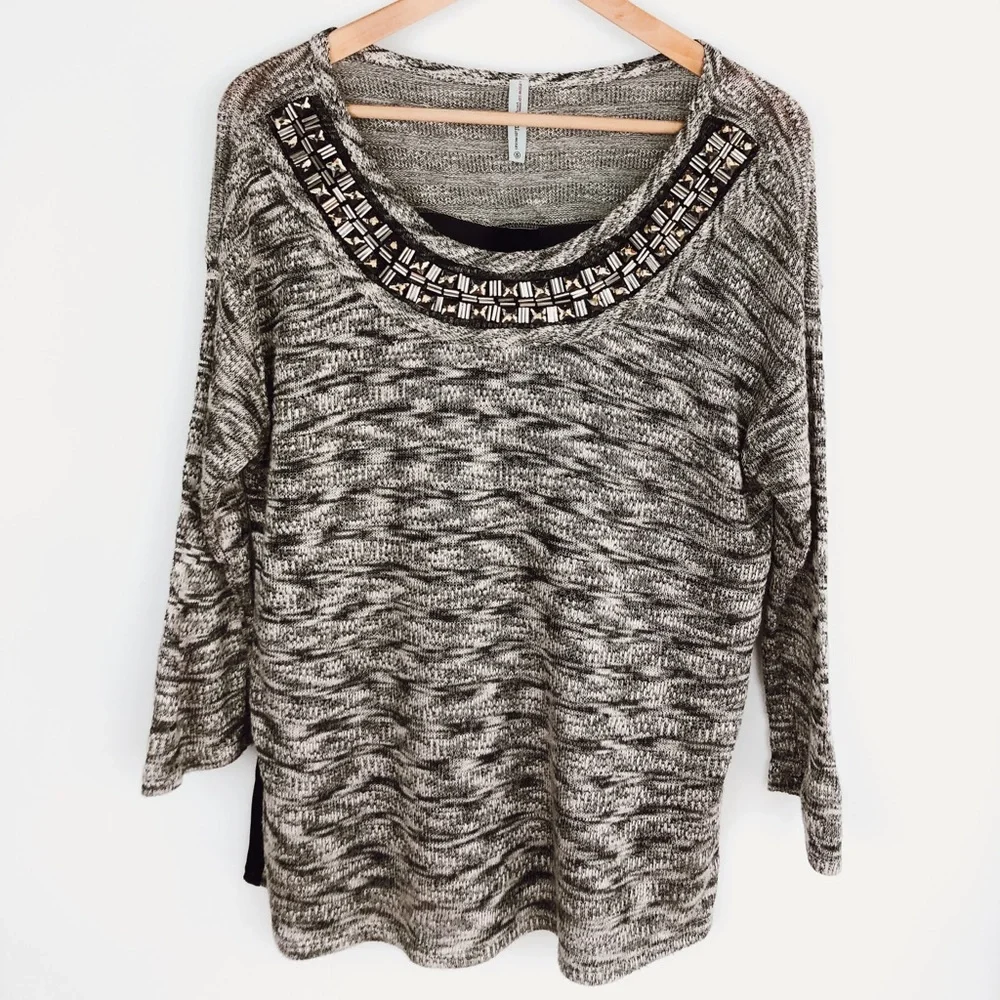 Yuni Los Angeles Embellished Sheer Back Sweater Grey Black Gray Women’s Small